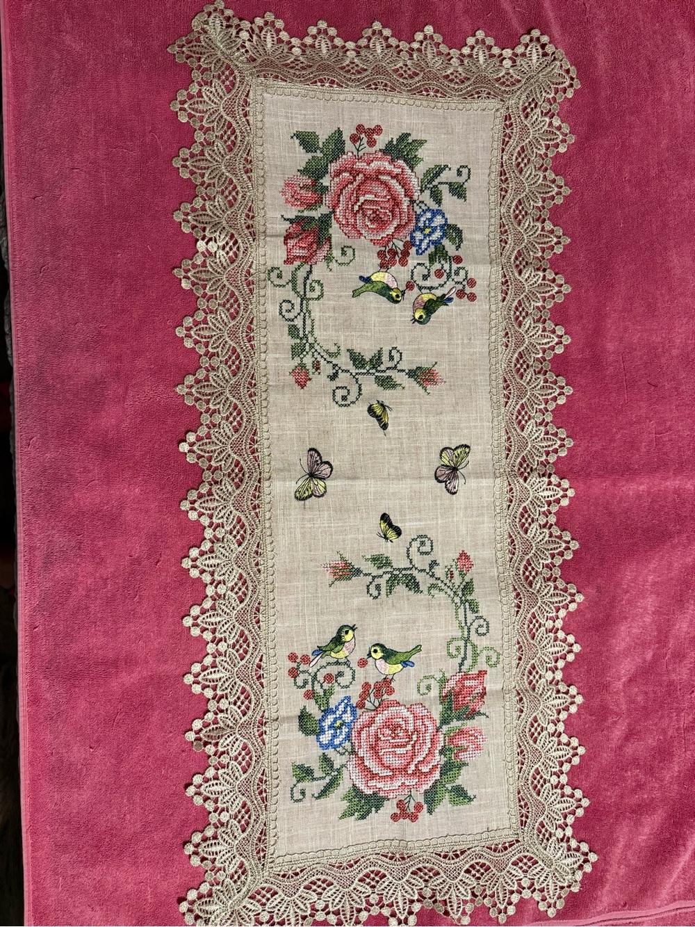 Embroidered Floral Rose & Bird Table Runner in Pink